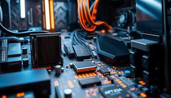 close up of a computer motherboard with many components photo