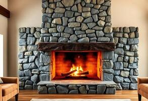 stone fireplace with a fire burning in it photo