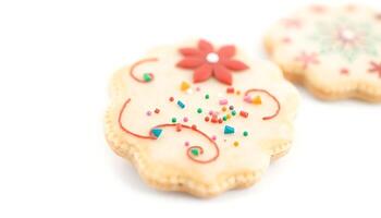 close up of two decorated cookies with sprinkles photo
