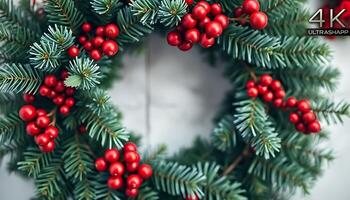 christmas wreath with red berries and pine needles photo