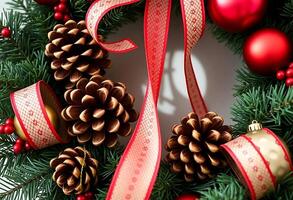 christmas wreath with pine cones and red ribbon photo