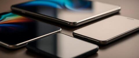 group of four cell phones sitting on top of a table photo