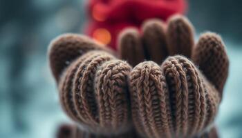 close up of a knitted object with a red object in the background photo