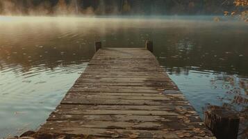 Misty lake dock at dawn photo