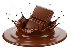 Delicious Chocolate Bar Splashing into Melted Chocolate, Isolated on White Background. photo