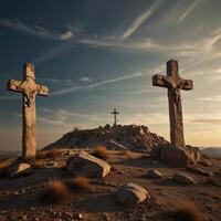 Jesus cross on the mountain at sunset photo
