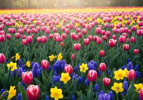 A field of colorful tulips and daffodils in the sun photo