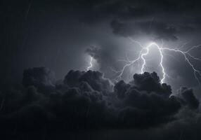 Lightning strikes over dark clouds in the sky photo