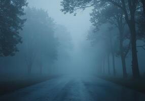 A foggy road in the middle of a forest photo