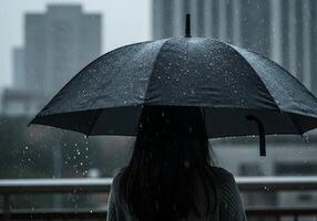 A woman is standing under an umbrella in the rain photo