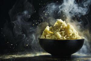 Comforting side dish of creamy mashed potatoes with melted butter and parsley photo