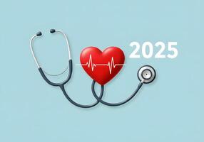Heart Health 2025 Healthcare Concept with Stethoscope, Red Heart, and EKG Waveform on Blue Background. photo