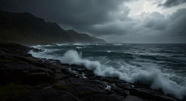 A stormy ocean with waves crashing against rocks photo