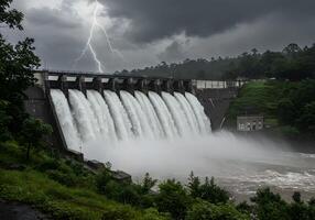 A large dam with water and lightning photo