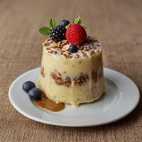 A dessert with berries and nuts on top photo