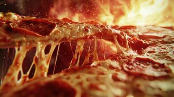 A close up of a pizza with fire in the background photo