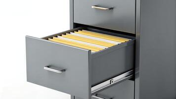 Open Filing Cabinet Drawer with Yellow File Folders Inside photo