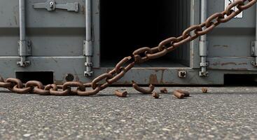 A rusty chain is attached to a container photo