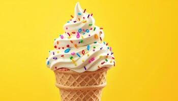 An ice cream cone with white frosting and sprinkles photo