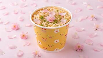 Instant Noodles in Cup with Cherry Blossoms on Pink Background photo