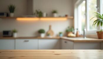 A wooden table in front of a kitchen with a window photo