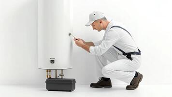 Man Repairing Water Heater with Screwdriver in Clean Interior photo
