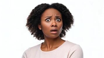 Woman with Scared Expression Looking Upward in Shock photo