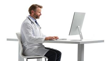 Doctor Working on Computer at Desk in Office Setting photo