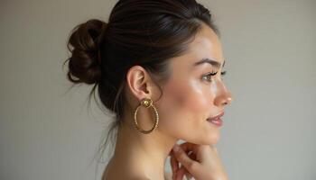 A woman wearing a gold hoop earrings photo