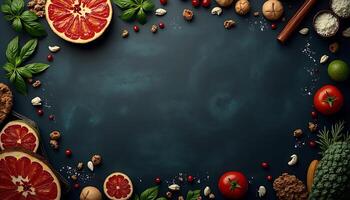 Various fruits and vegetables arranged around a black background photo