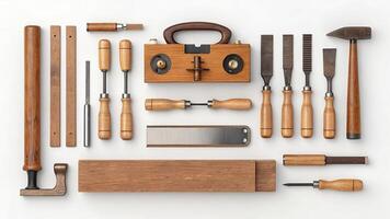 Woodworking Tools Arranged Neatly on a White Surface photo