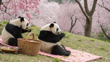 Pandas Eating Bamboo on Picnic Blanket Under Cherry Blossom Trees photo