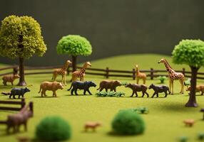 Miniature animals in green field with trees and fence for creative concept photo