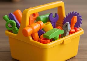 Close up of a yellow toolbox filled with toy tools on wooden surface photo