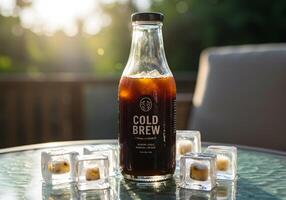 Cold brew coffee bottle on table photo