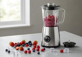 Blender with berries fresh fruit smoothie preparation on a white surface photo