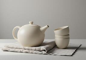 Elegant ceramic teapot and teacups on linen cloth for tea time presentation photo