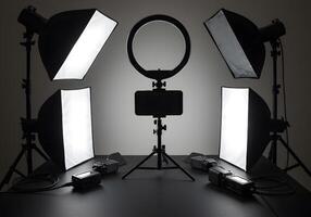 Professional studio lighting setup with softboxes and ring light photo
