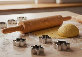 Close up of rolling pin and cookie cutters on a prepared surface for baking photo
