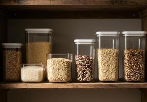 Various grains and beans in clear containers neatly arranged on wooden shelves photo