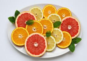 Colorful sliced citrus fruits on a white plate for healthy eating photo