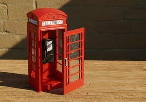 Bright red telephone booth with open door overhead view conceptual shot photo