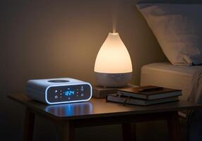 Digital alarm clock and diffuser on nightstand photo