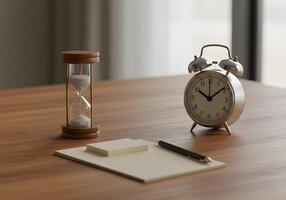 Time management objects on wood table photo