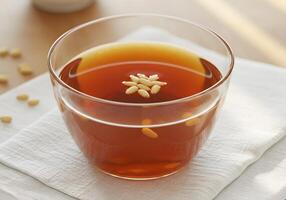 Brown beverage with pine nuts photo