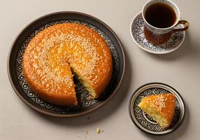 Sliced sesame cake with tea photo