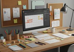 Organized workspace with computer photo