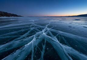 Frozen lake surface with intricate ice patterns photo