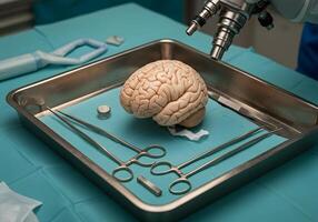 Medical brain specimen in tray with instruments photo