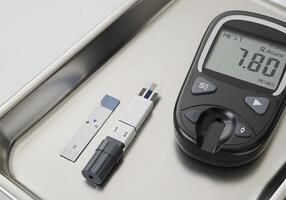 Glucose meter and test strips on tray photo